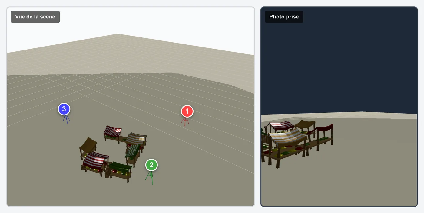 Exemple du test des appareils photos EOPAN : une scène 3D avec trois caméras et la photo prise par l'une d'elles