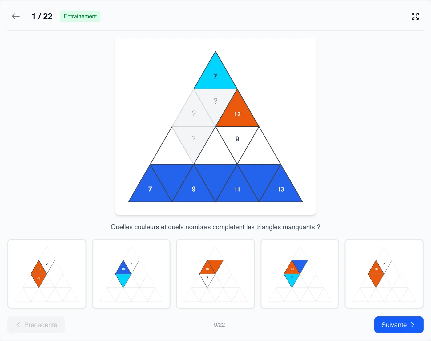 Exemple de question du test des triangles EOPAN : 16 triangles colorés, des triangles vides et cinq propositions